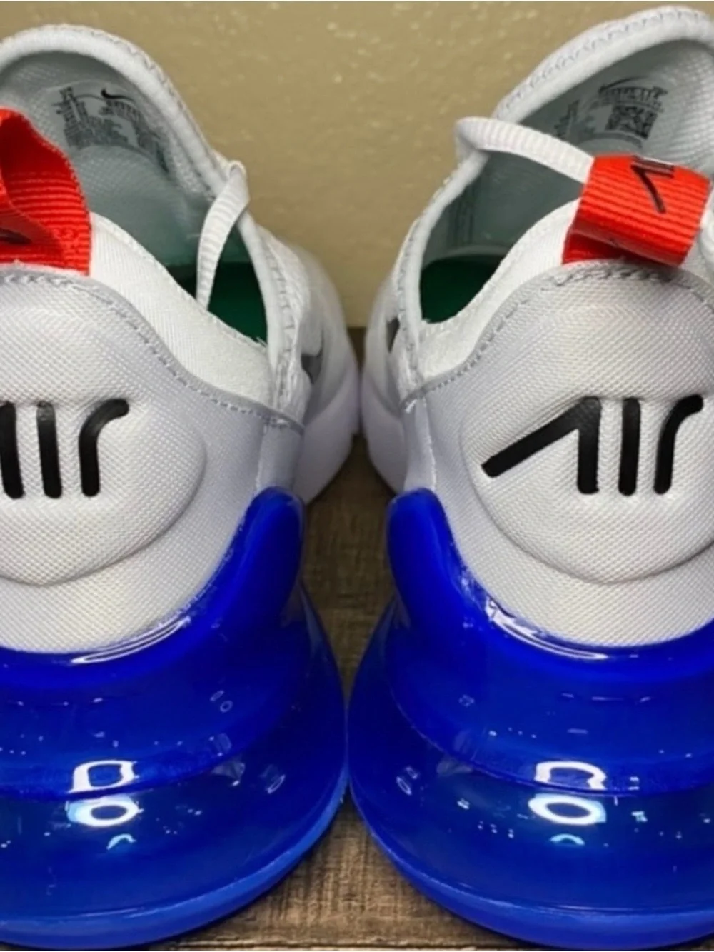 Nike Air Max 270 White with Blue Heel and Red Pull Tab
